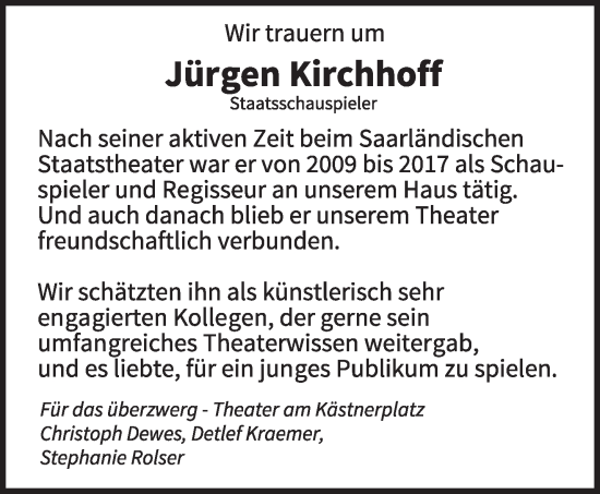 Traueranzeige von Jürgen Kirchhoff von saarbruecker_zeitung