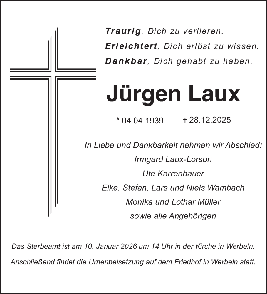  Traueranzeige für Jürgen Laux vom 03.01.2026 aus saarbruecker_zeitung