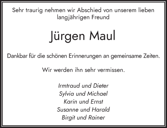 Traueranzeige von Jürgen Maul von saarbruecker_zeitung