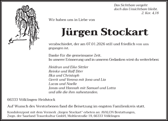 Traueranzeige von Jürgen Stockart von saarbruecker_zeitung