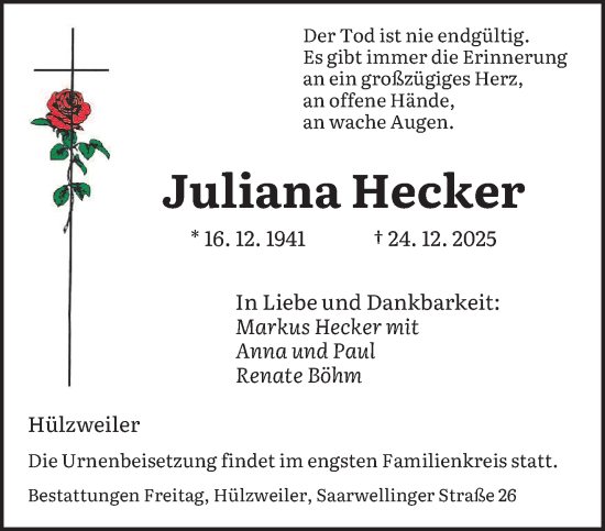 Traueranzeige von Juliana Hecker von saarbruecker_zeitung