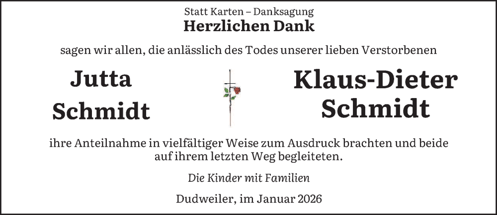  Traueranzeige für Jutta und Klaus-Dieter Schmidt vom 31.01.2026 aus saarbruecker_zeitung