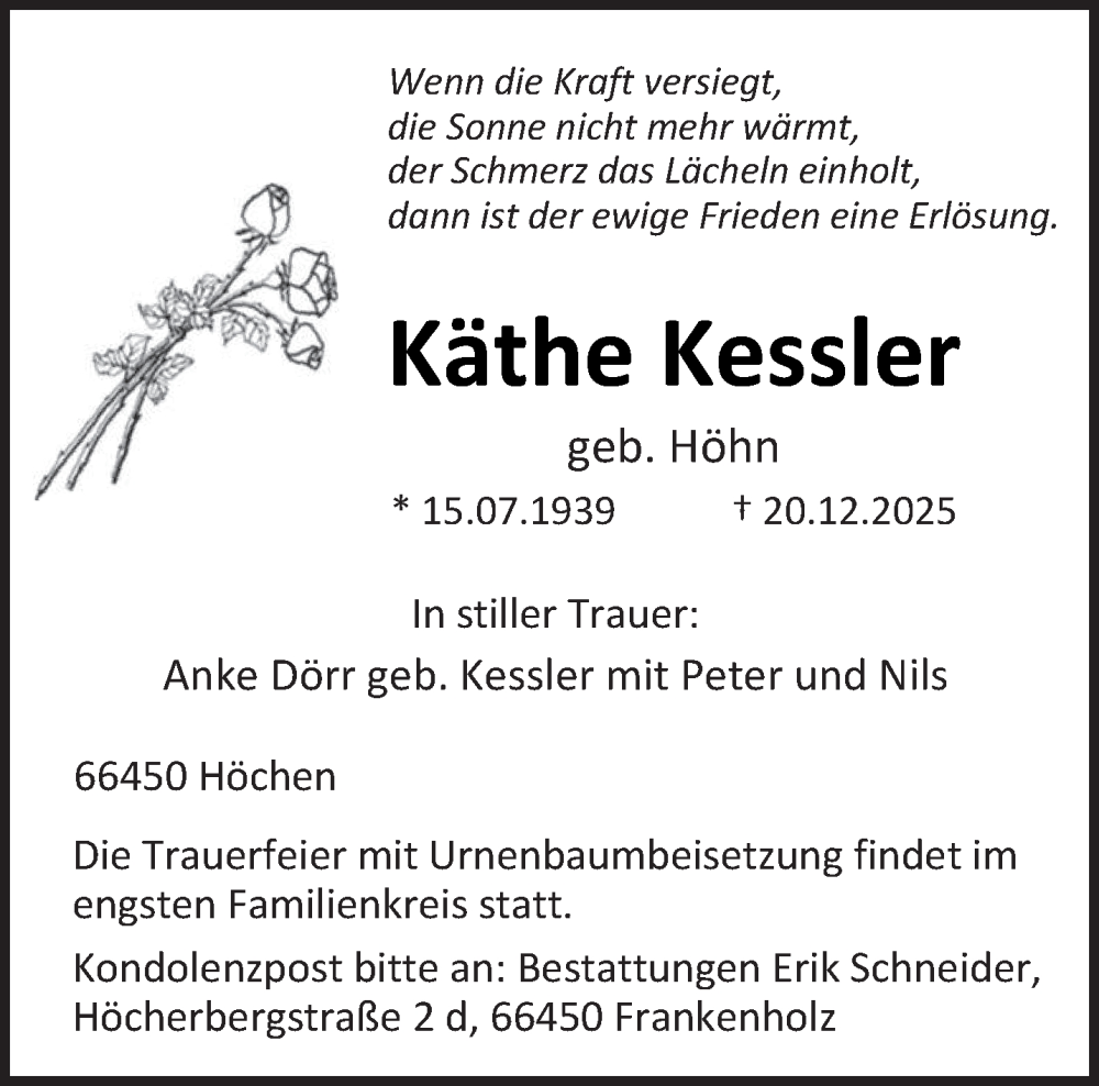  Traueranzeige für Käthe Kessler vom 10.01.2026 aus saarbruecker_zeitung