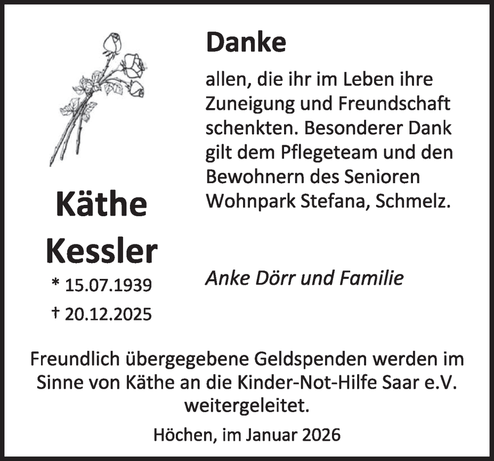  Traueranzeige für Käthe Kessler vom 24.01.2026 aus saarbruecker_zeitung