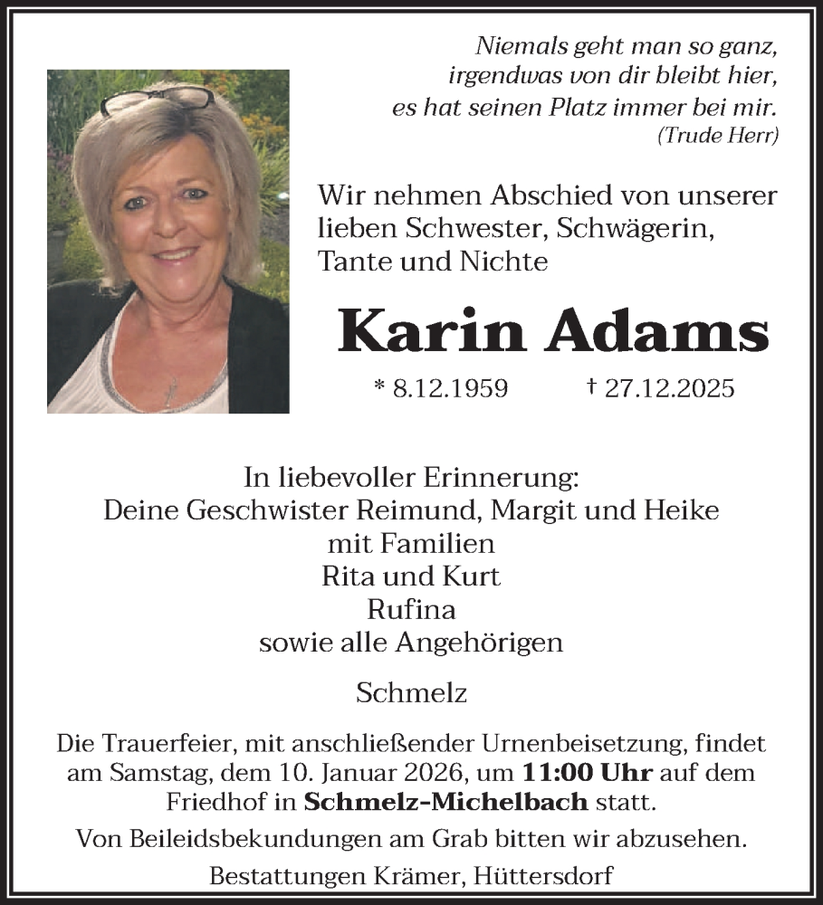  Traueranzeige für Karin Adams vom 03.01.2026 aus saarbruecker_zeitung