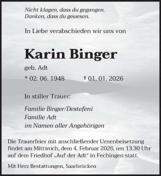 Traueranzeige von Karin Binger von saarbruecker_zeitung