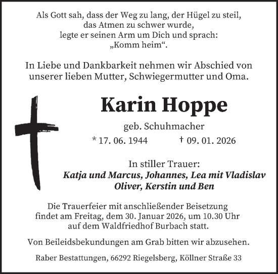 Traueranzeige von Karin Hoppe von saarbruecker_zeitung