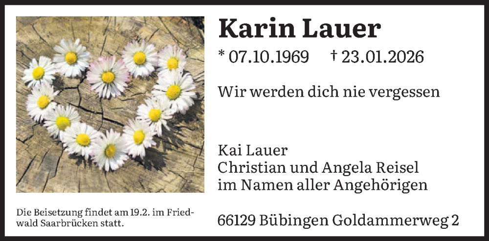  Traueranzeige für Karin Lauer vom 30.01.2026 aus saarbruecker_zeitung