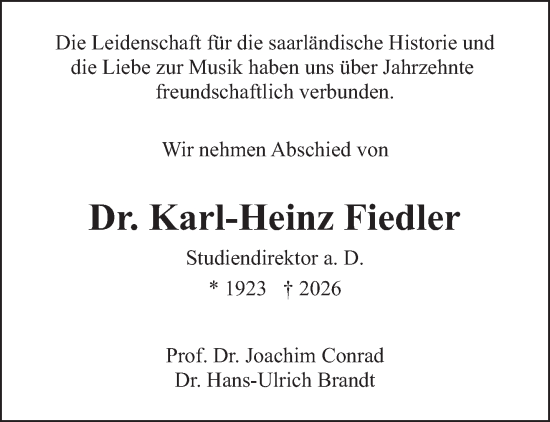 Traueranzeige von Karl-Heinz Fiedler von saarbruecker_zeitung