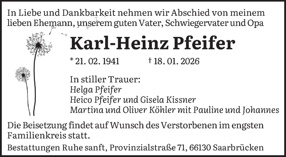  Traueranzeige für Karl-Heinz Pfeifer vom 31.01.2026 aus saarbruecker_zeitung