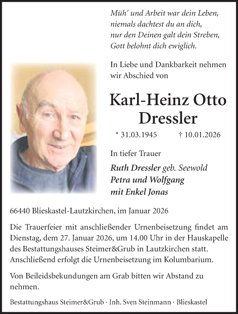  Traueranzeige für Karl-Heinz Otto Dressler vom 23.01.2026 aus saarbruecker_zeitung