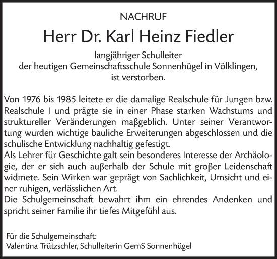 Traueranzeige von Karl Heinz Fiedler von saarbruecker_zeitung