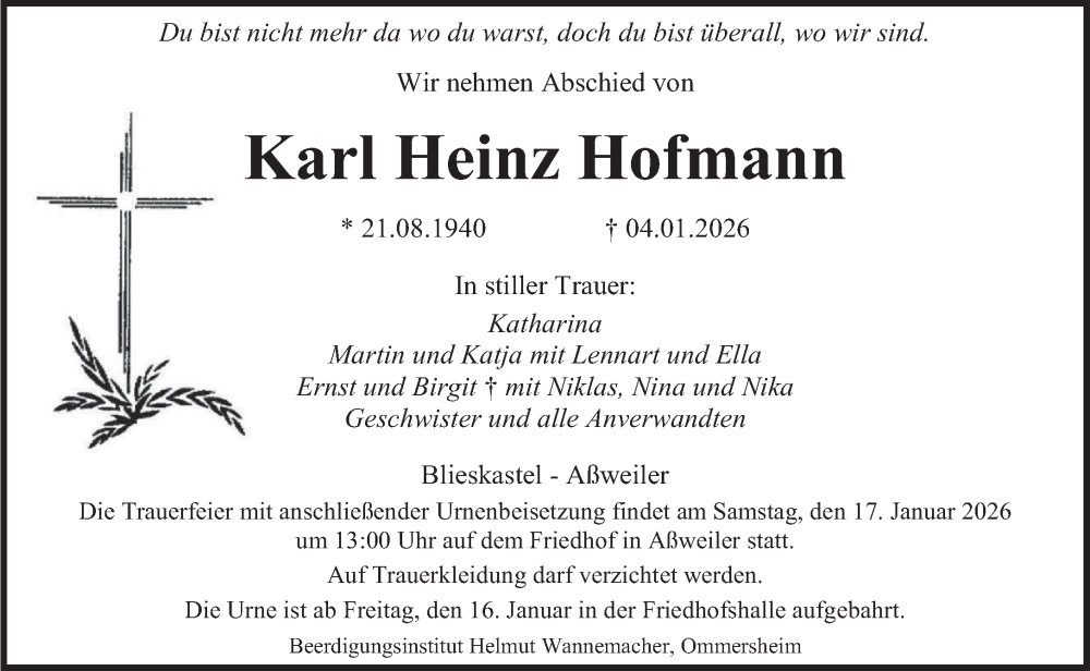 Traueranzeige für Karl Heinz Hofmann vom 10.01.2026 aus saarbruecker_zeitung