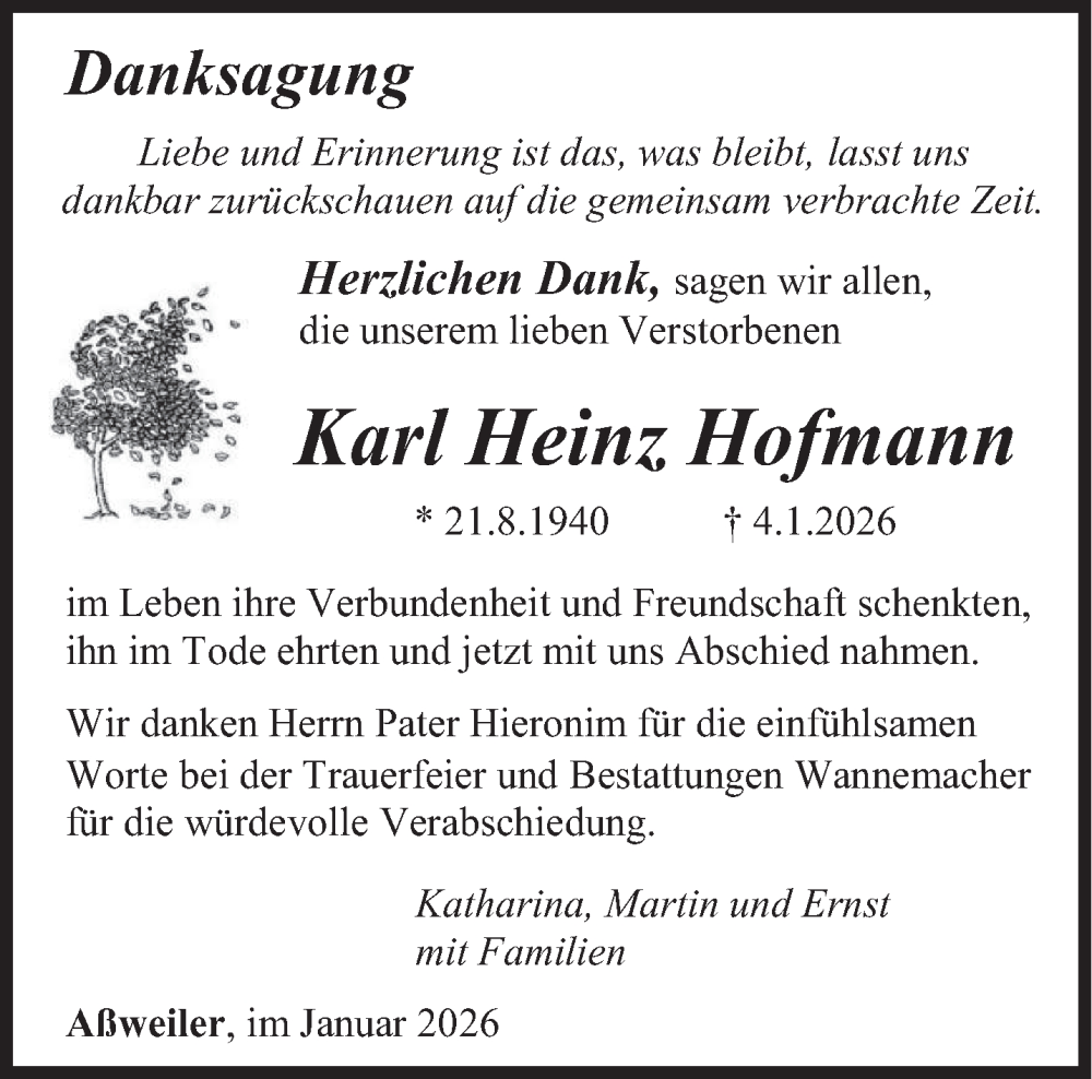  Traueranzeige für Karl Heinz Hofmann vom 31.01.2026 aus saarbruecker_zeitung