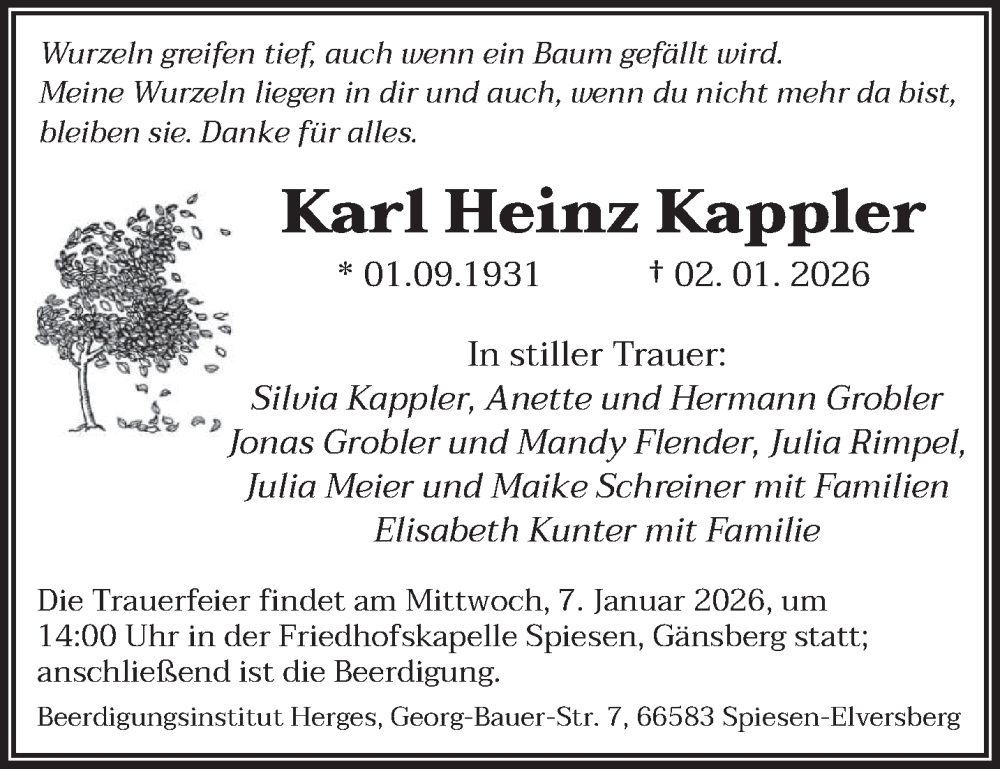  Traueranzeige für Karl Heinz Kappler vom 06.01.2026 aus saarbruecker_zeitung