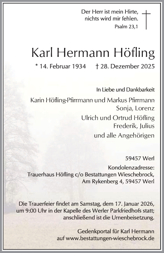 Traueranzeige von Karl Hermann Höfling von saarbruecker_zeitung