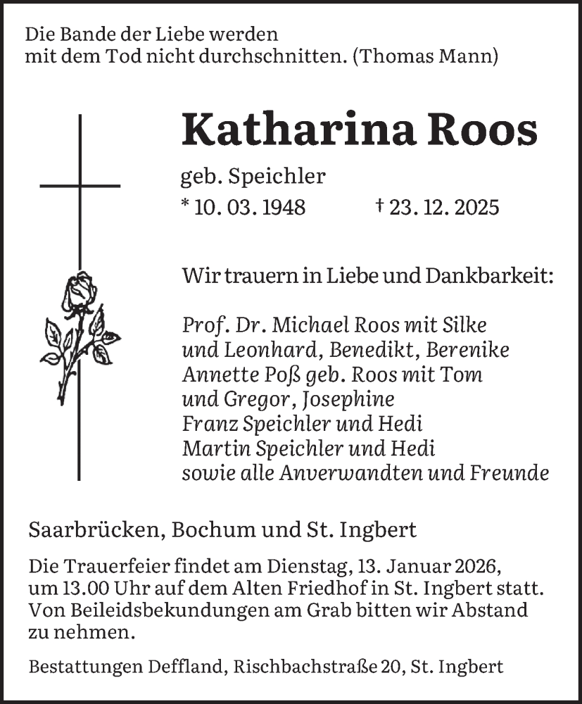  Traueranzeige für Katharina Roos vom 10.01.2026 aus saarbruecker_zeitung