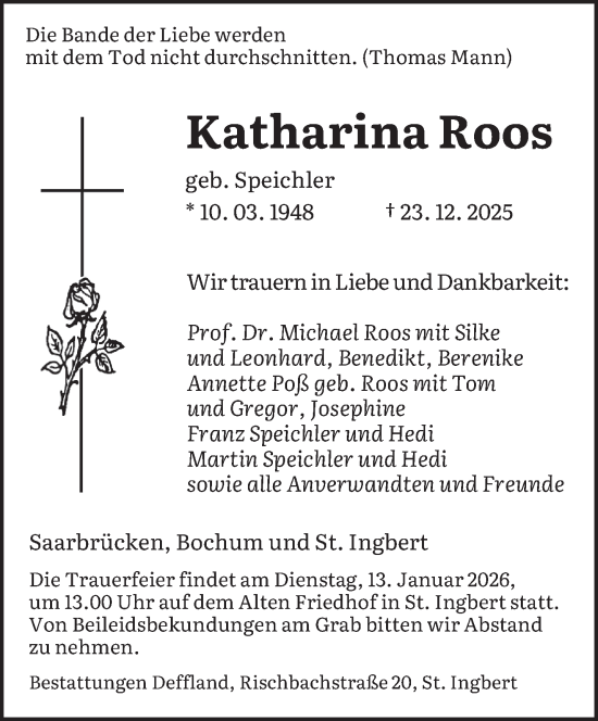 Traueranzeige von Katharina Roos von saarbruecker_zeitung