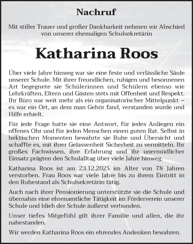  Traueranzeige für Katharina Roos vom 10.01.2026 aus saarbruecker_zeitung