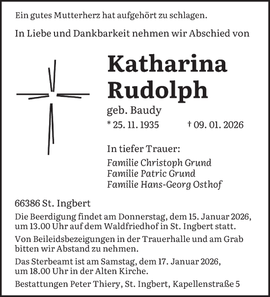 Traueranzeige von Katharina Rudolph von saarbruecker_zeitung