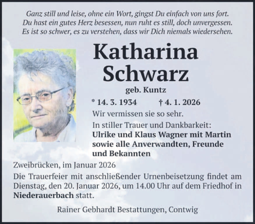  Traueranzeige für Katharina Schwarz vom 10.01.2026 aus saarbruecker_zeitung