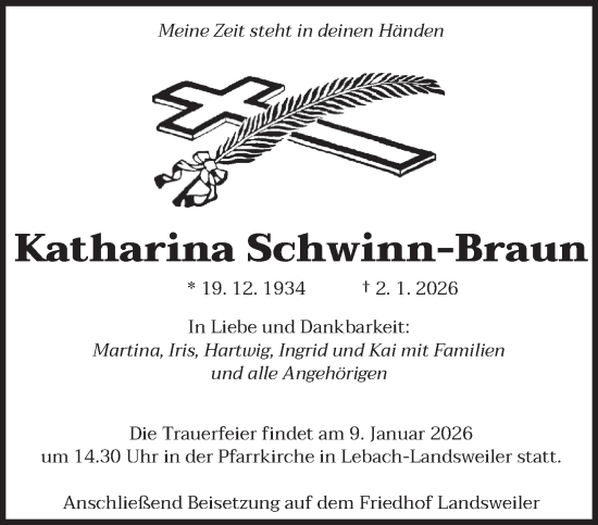 Traueranzeige von Katharina Schwinn-Braun von saarbruecker_zeitung