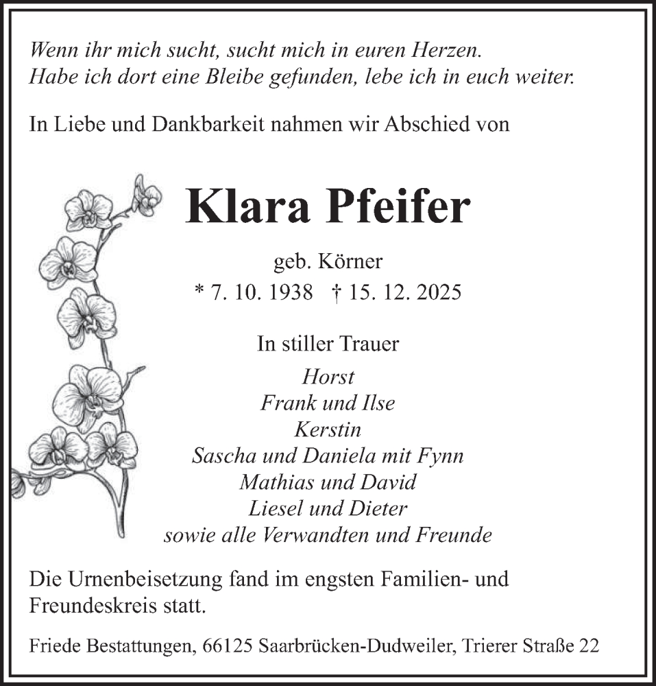  Traueranzeige für Klara Pfeifer vom 10.01.2026 aus saarbruecker_zeitung