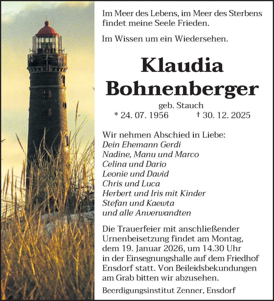  Traueranzeige für Klaudia Bohnenberger vom 10.01.2026 aus saarbruecker_zeitung