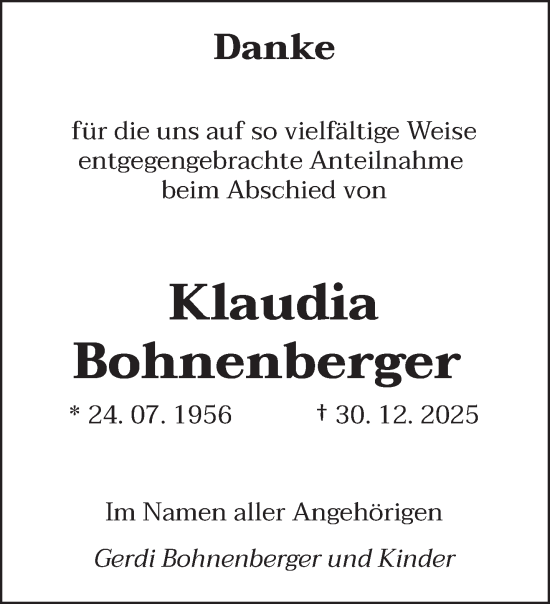 Traueranzeige von Klaudia Bohnenberger von saarbruecker_zeitung