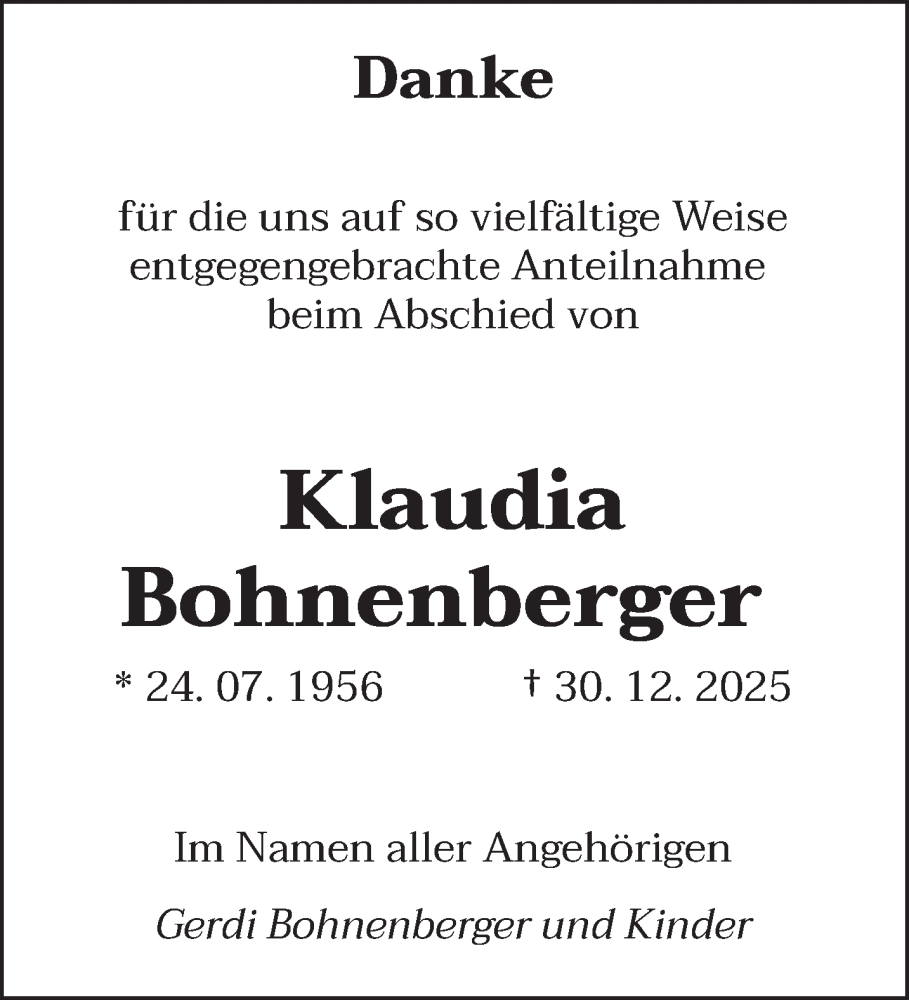  Traueranzeige für Klaudia Bohnenberger vom 24.01.2026 aus saarbruecker_zeitung