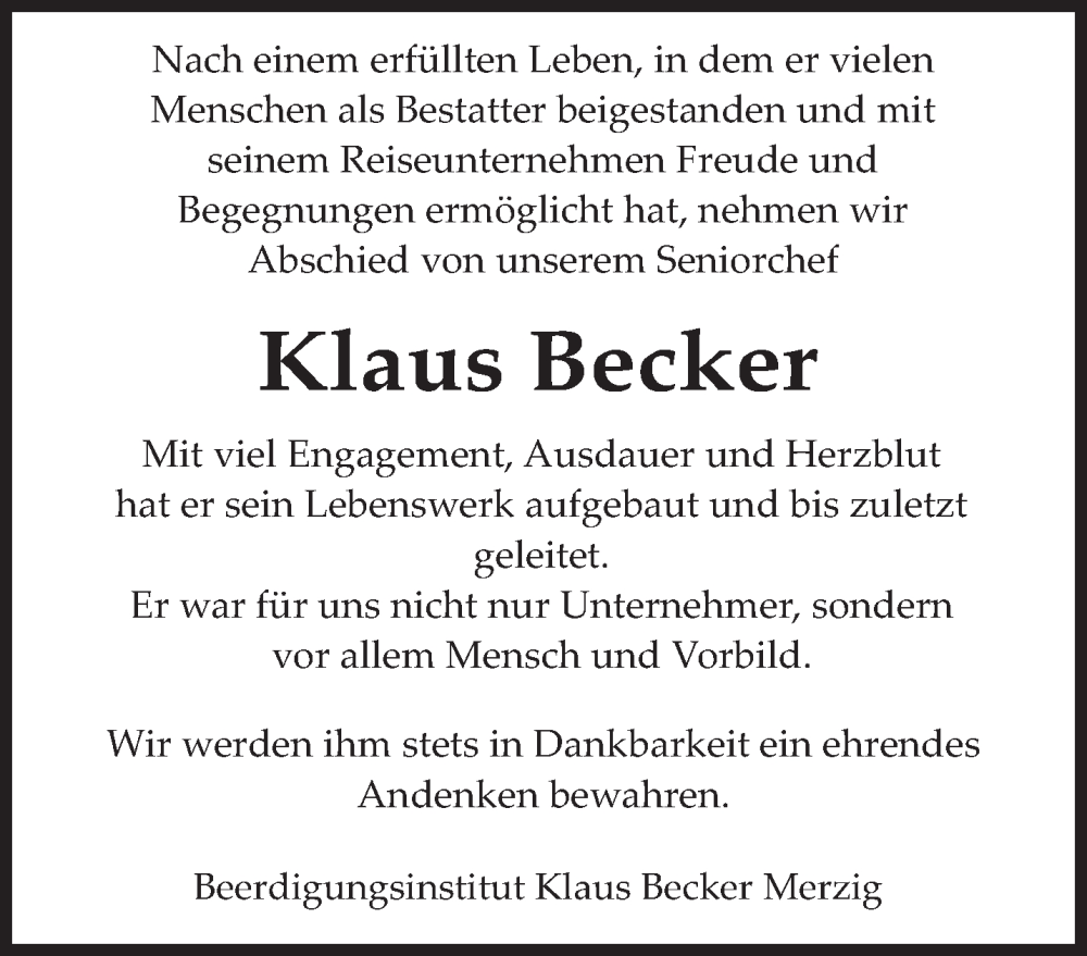  Traueranzeige für Klaus Becker vom 10.01.2026 aus saarbruecker_zeitung