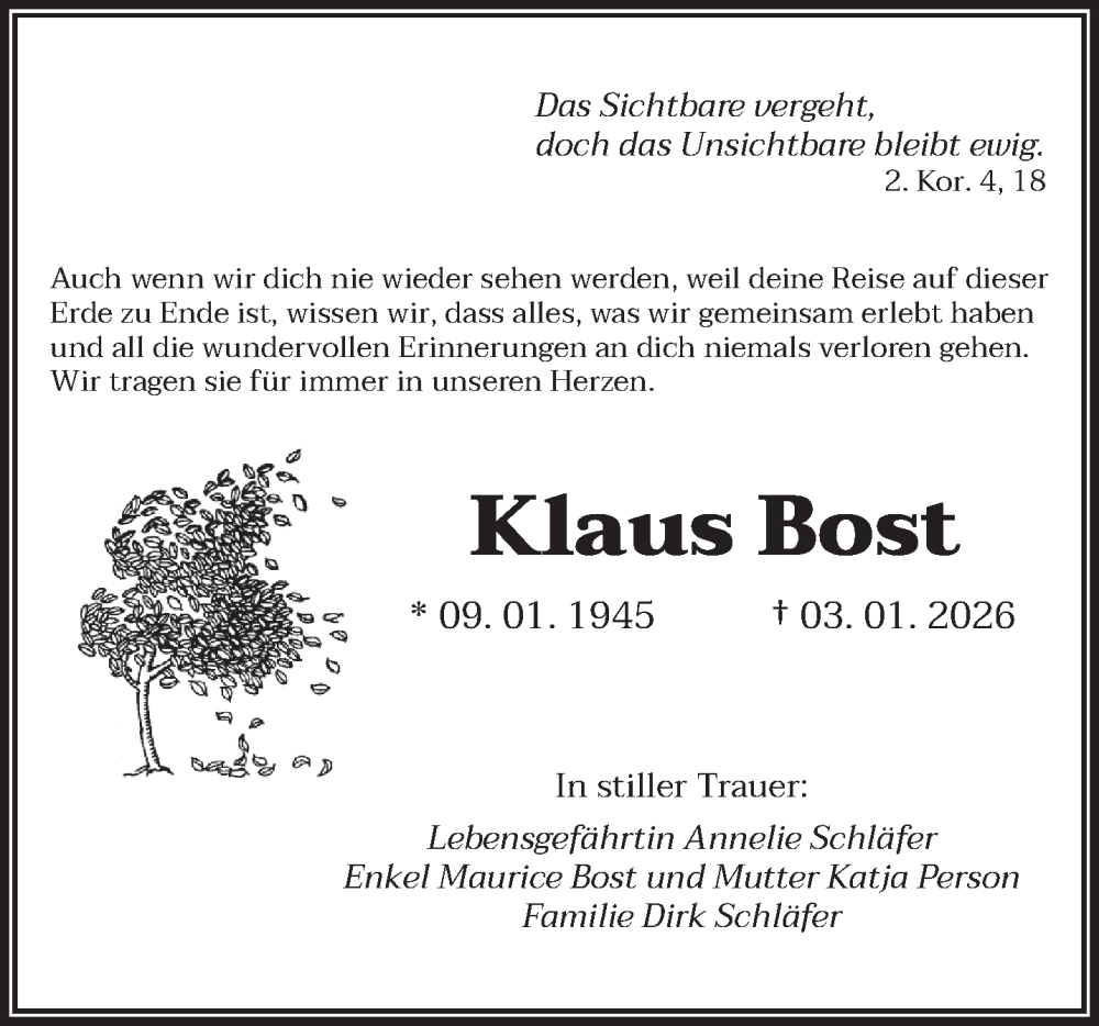  Traueranzeige für Klaus Bost vom 31.01.2026 aus saarbruecker_zeitung