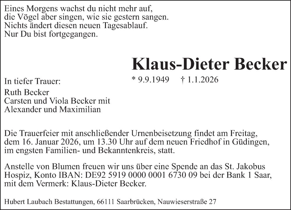  Traueranzeige für Klaus-Dieter Becker vom 10.01.2026 aus saarbruecker_zeitung