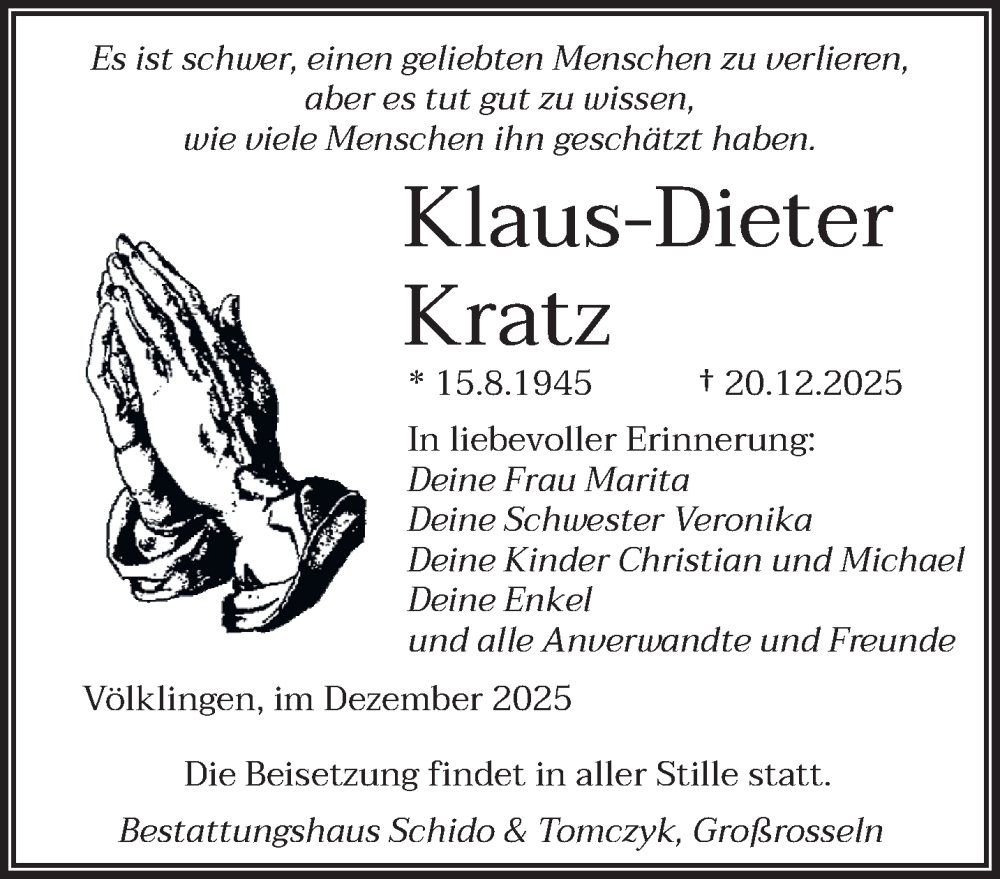  Traueranzeige für Klaus-Dieter Kratz vom 10.01.2026 aus saarbruecker_zeitung