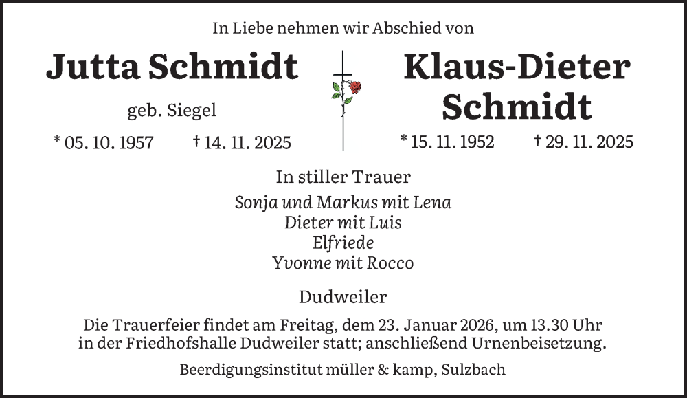  Traueranzeige für Klaus-Dieter Schmidt vom 17.01.2026 aus saarbruecker_zeitung
