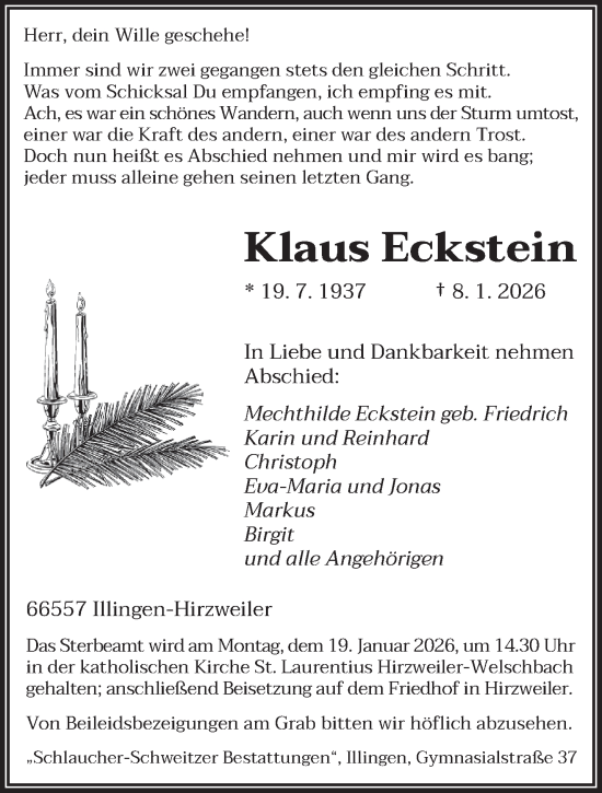 Traueranzeige von Klaus Eckstein von saarbruecker_zeitung