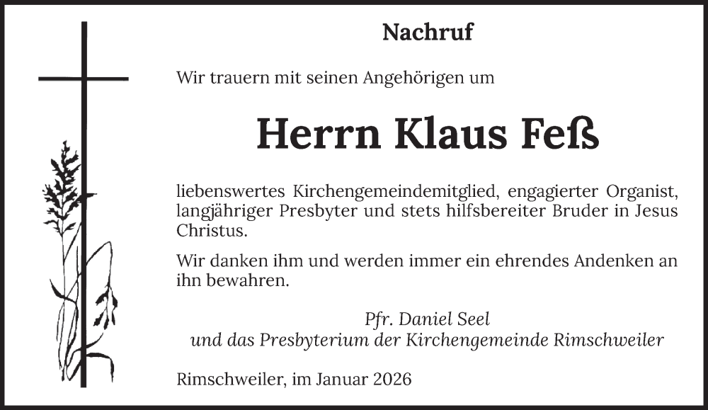  Traueranzeige für Klaus Feß vom 20.01.2026 aus saarbruecker_zeitung