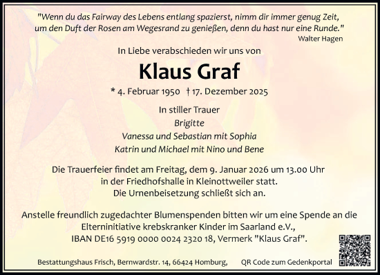 Traueranzeige von Klaus Graf von saarbruecker_zeitung