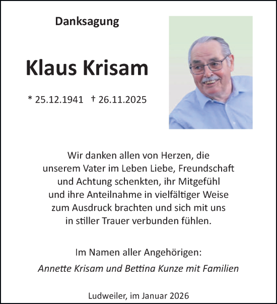 Traueranzeige von Klaus Krisam von saarbruecker_zeitung