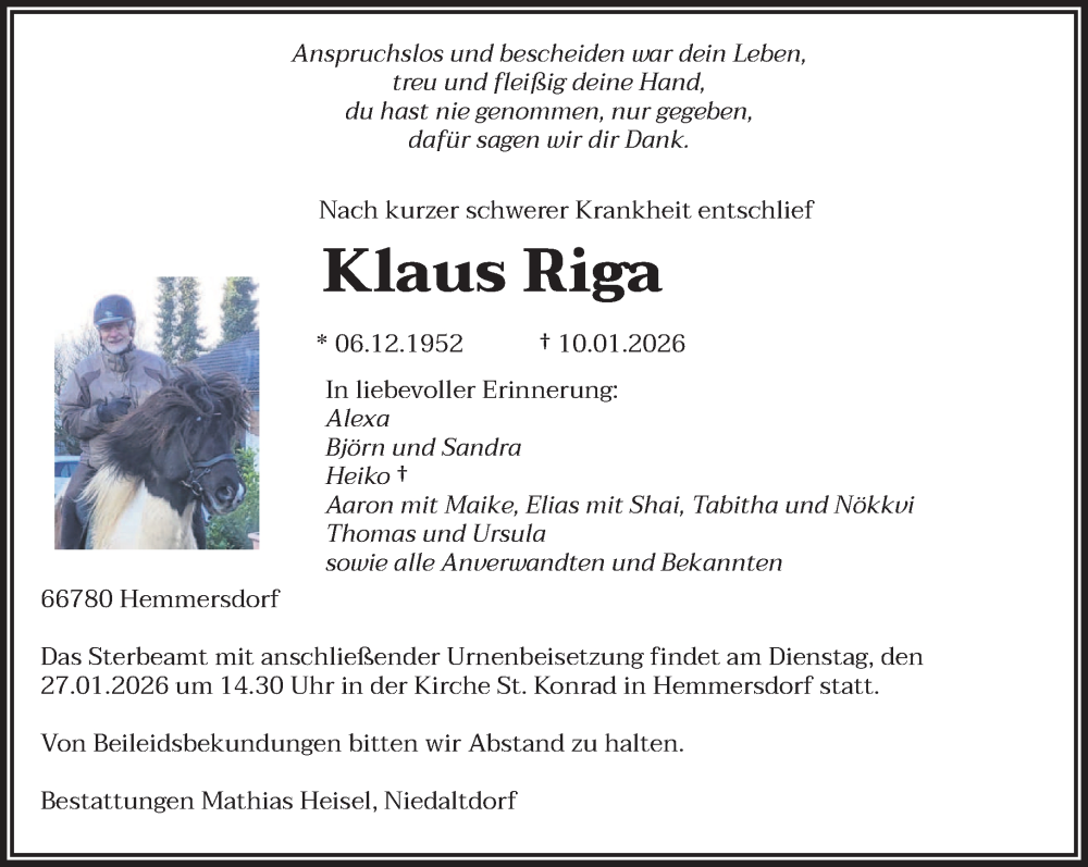  Traueranzeige für Klaus Riga vom 24.01.2026 aus saarbruecker_zeitung