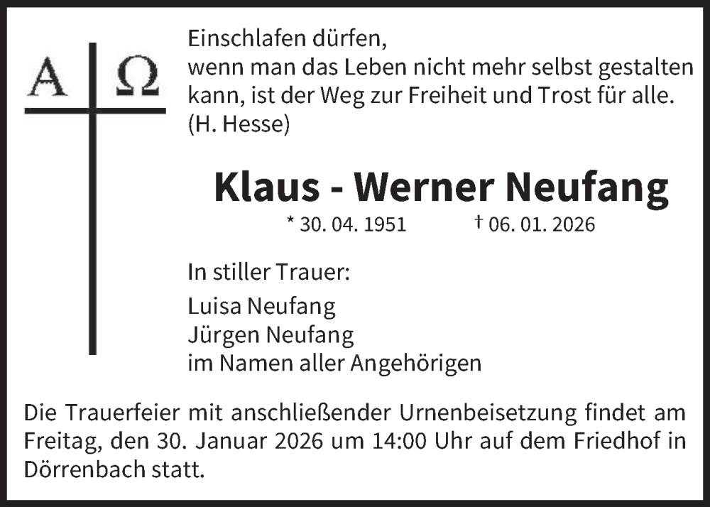  Traueranzeige für Klaus-Werner Neufang vom 24.01.2026 aus saarbruecker_zeitung