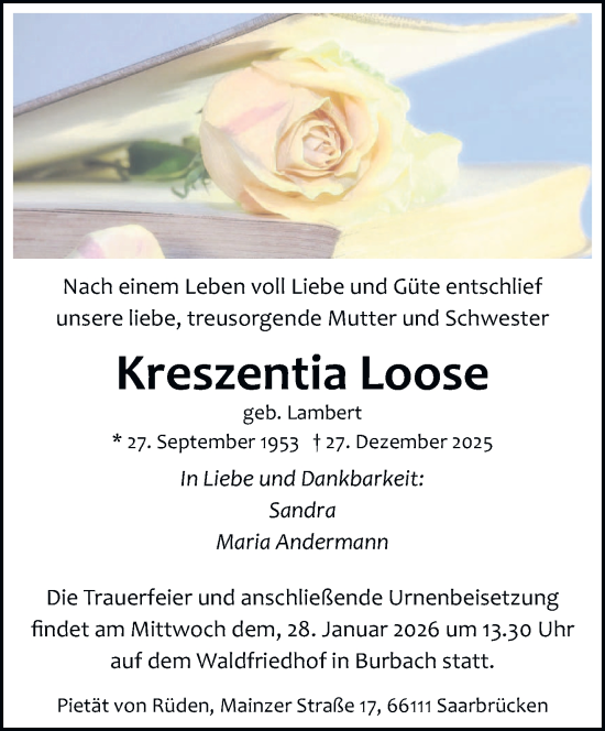 Traueranzeige von Kreszentia Loose von saarbruecker_zeitung