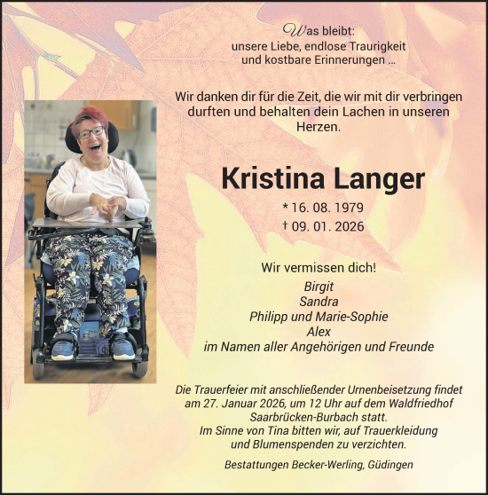 Traueranzeige von Kristina Langer von saarbruecker_zeitung
