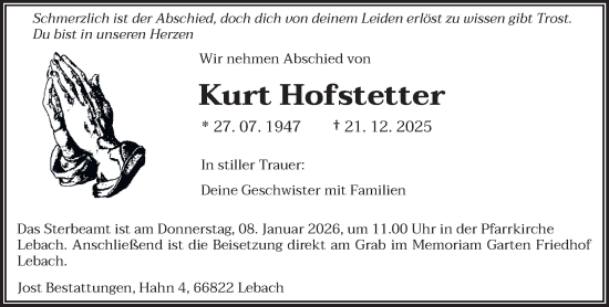 Traueranzeige von Kurt Hofstetter von saarbruecker_zeitung