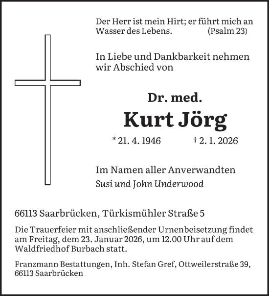 Traueranzeige von Kurt Jörg von saarbruecker_zeitung