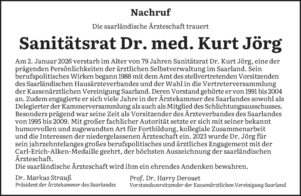  Traueranzeige für Kurt Jörg vom 17.01.2026 aus saarbruecker_zeitung