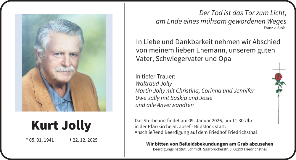  Traueranzeige für Kurt Jolly vom 03.01.2026 aus saarbruecker_zeitung