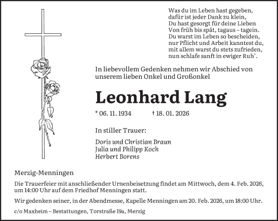Traueranzeige von Leonhard Lang von saarbruecker_zeitung