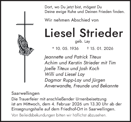 Traueranzeige von Liesel Strieder von saarbruecker_zeitung