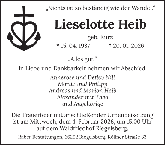 Traueranzeige von Lieselotte Heib von saarbruecker_zeitung